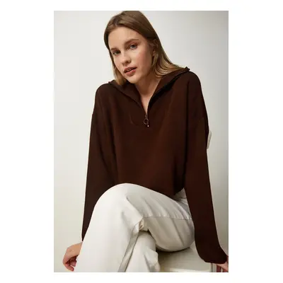 Happiness İstanbul Women's Brown Zipper Collar Knitwear Sweater