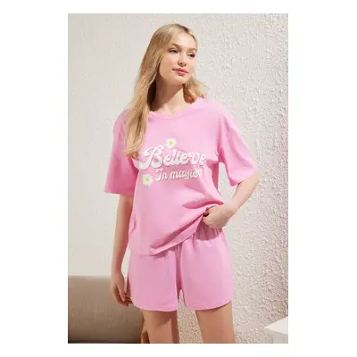 Trendyol Pink 100% Cotton Knitted Pajama Set with Slogan Shorts