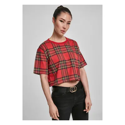 Dámské krátké oversized tričko AOP Tartan červené/bl