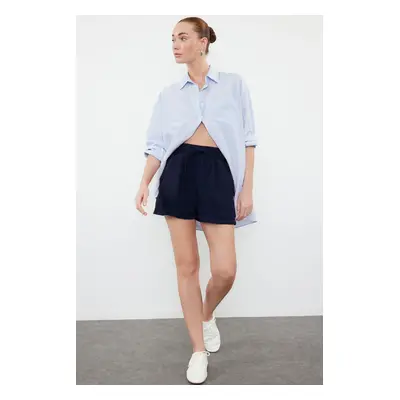 Trendyol Navy Blue 100% Linen Elastic Waist High Waist Shorts