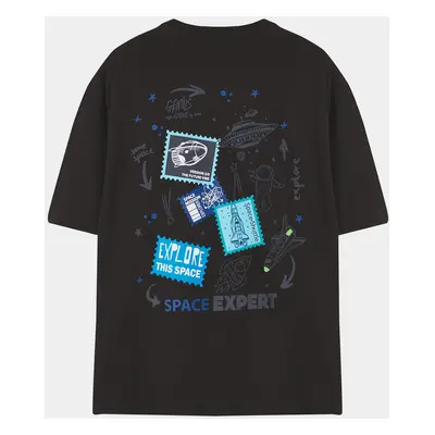 Trendyol Black Oversize/Wide Cut Short Sleeve Galaxy Back Printed 100% Cotton T-shirt