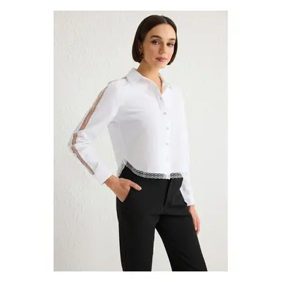 Trendyol White Regular Fit Woven Shirt with Lace Detail on Sleeves and Shoulders