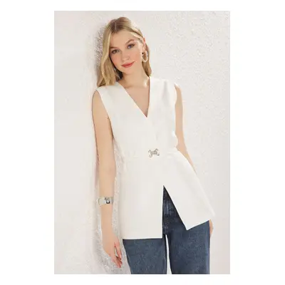 Trendyol White Regular Belt Detailed V-Neck Woven Vest