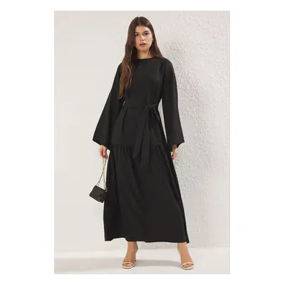 Trendyol Black Belted Linen Look Woven Dress