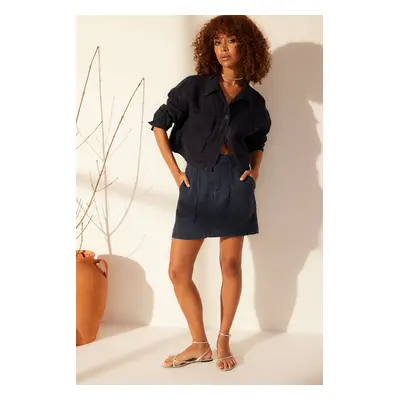 Trendyol Navy Blue 100% Linen Pocket Detailed Mini Skirt