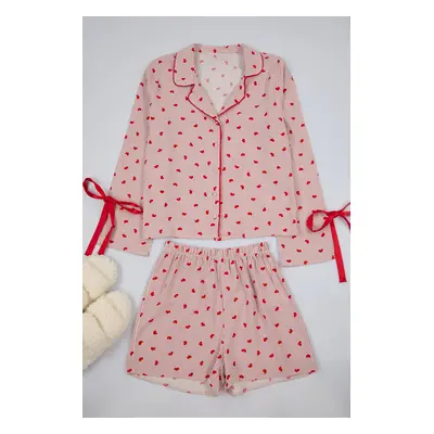 Trendyol Pink-Red Lined Tie/Bow and Piping Detailed Viscose Woven Pajama Set