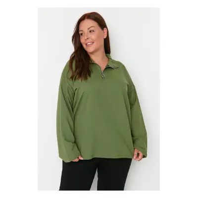 Trendyol Curve Khaki Zippered Polo Collar Fine Knit Plus Size Sweatshirt