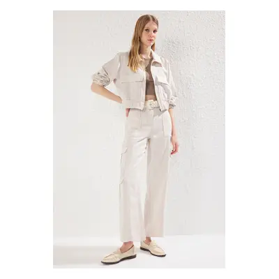 Trendyol Beige Linen Look Side Pocket Detail Woven Trousers