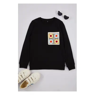 Trendyol Black Printed Cotton Knitted Sweatshirt