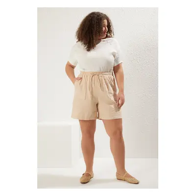 Trendyol Curve Beige Pocketed Linen Look Elastic Waist Laced Woven Plus Size Shorts & Bermuda