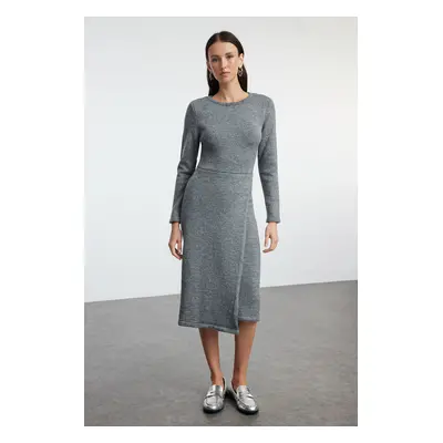 Trendyol Anthracite Midi Knit Soft Texture Double Breasted Skirt Detail Dress