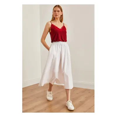 Olalook Women's White Pocketed Elastic Waist Midi Woven Bell Skirt