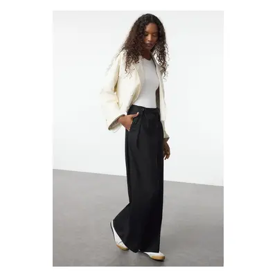 Trendyol Black Button Detail Pleated Wide Leg Wide Leg Woven Trousers