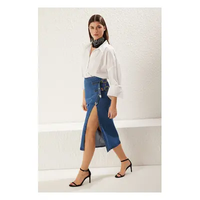 Trendyol High Waist Midi Denim Skirt with Blue Slit Belt Accessories