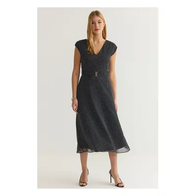 Trendyol Black Belted Polka Dot Patterned A-Line V-Neck Midi Woven Dress