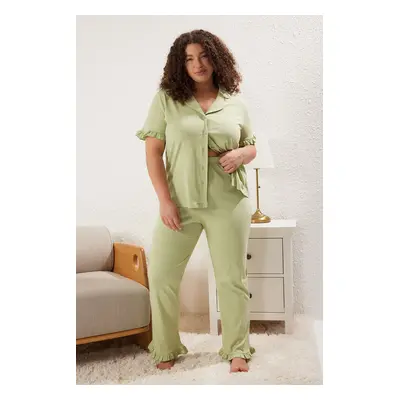 Trendyol Curve Mint Ruffle Sleeve Shirt Collar Knitted Pajama Set TBBAW25AI00090