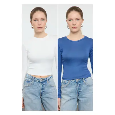 Trendyol Indigo-Ecru Double Pack Crop/Short Fitted/Body-Smoothing Knitted Blouse