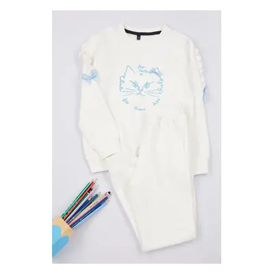 Trendyol Ecru*001 Girl Cat Patterned Pajama Set Knitted Bottom-Top Set