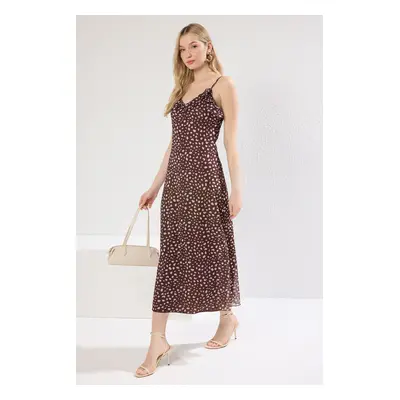 Trendyol Brown Polka Dot Flounce / Ruffle Maxi Knitted Dress