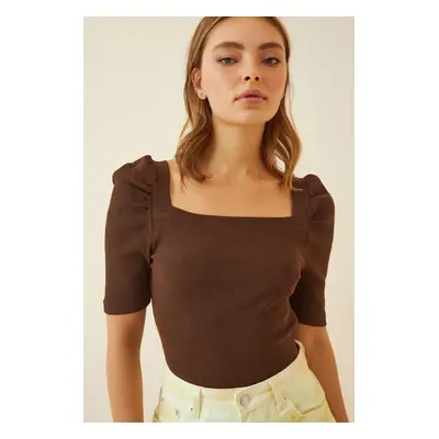 Happiness İstanbul Women's Brown Square Neck Ribbed Crop Blouse