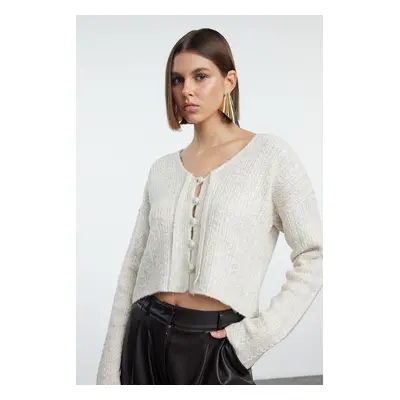 Trendyol Stone Crop Soft Textured Tie Detailed Knitwear Cardigan