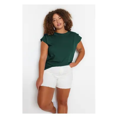 Trendyol Curve Green Crew Neck Sleeve Detail 100% Cotton Knitted T-Shirt