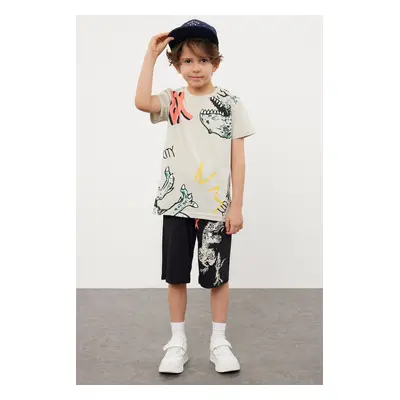 Trendyol Navy Blue Boy's Dinosaur Patterned T-shirt Shorts Set Knitted Top-Bottom Set