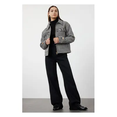 Trendyol Black Regular Cut Houndstooth Patterned Tassel Detailed Seasonal Jacket Coat