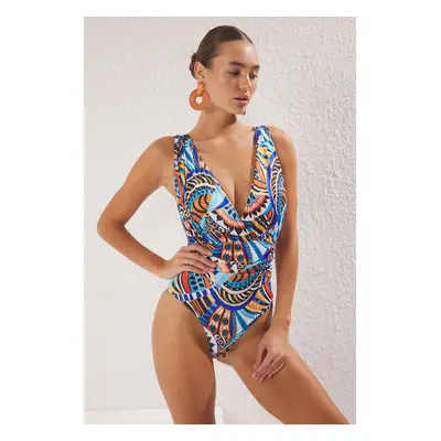 Trendyol Ethnic Patterned Deep-cut Draped Regular Core Swimsuit