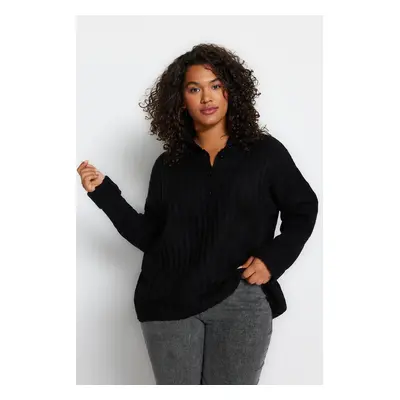 Trendyol Curve Black Ribbed Buttoned Knit Sweater