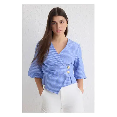 Trendyol Blue Double Breasted Striped Woven Woven Blouse