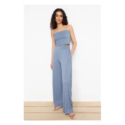 Trendyol Indigo Textured Fabric Premium Wide Leg Knitted Trousers