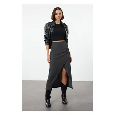 Trendyol Black Double Breasted Textured Gathered/Draped Detailed Midi Skirt