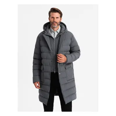 Ombre Men's long quilted jacket with lapels and lining - graphite