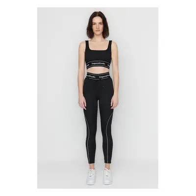 Trendyol X Sagaza Studio Black Sports Leggings with Cord Piping Detail and Push Up Seam