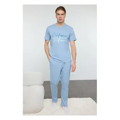 Trendyol Men's Blue Crew Neck Printed Knitted 100% Cotton Pajama Set