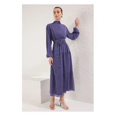 Trendyol Navy Blue Lined Polka Dot Woven Chiffon Hijab Dress