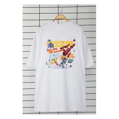 Trendyol Plus Size White Oversize/Wide Cut Space Print 100% T-Shirt