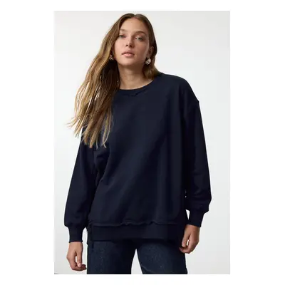 Trendyol Navy Blue Thick Fleece Inside Oversize/Wide Fit Knitted Sweatshirt