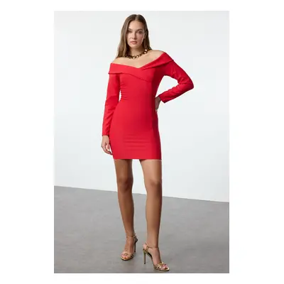 Trendyol Red Body-Sit Carmen Collar Woven Mini Dress