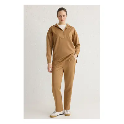 Trendyol Brown Front Zippered Soft Texture Scuba Oversize Knitted Tracksuit