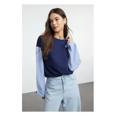 Trendyol Navy Blue Poplin Detailed Relaxed Knitted Blouse