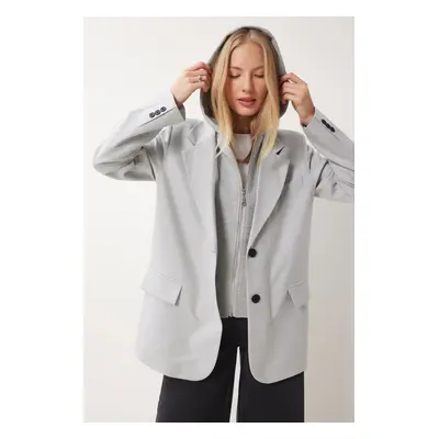 Happiness İstanbul Women's Light Grey Hooded Detailed Woven Blazer Jacket