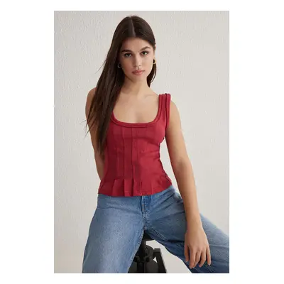 Trendyol Dark Cherry Pleated Detail Pool Neck Fitted/Body-Smoothing Knitted Blouse