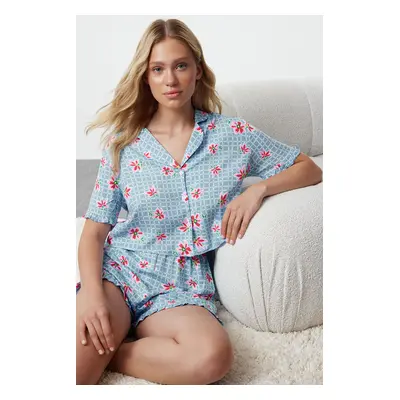 Trendyol Light Blue Floral Frilled Viscose Shorts Woven Pajama Set