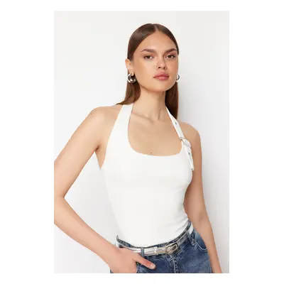 Trendyol White Halter Neck Belt Detail Fitted Knitted Blouse