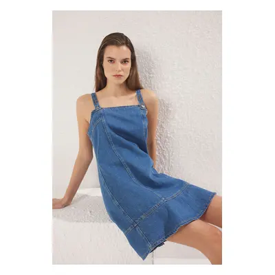 Trendyol Blue Mini Strappy Flounce Denim Dress