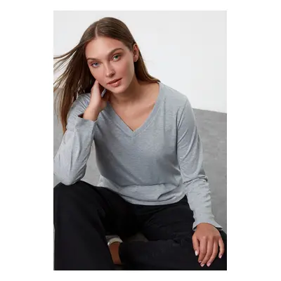 Trendyol Gray Melange 100% Cotton Regular/Normal Fit Basic V-Neck Long Sleeve Knitted T-Shirt