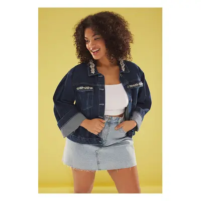 Trendyol Curve Dark Blue Stoned Plus Size Denim Jacket