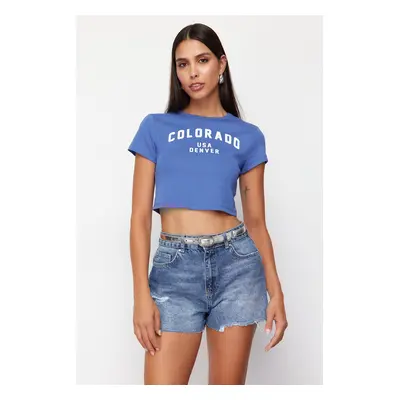 Trendyol Blue Ripped High Waist Denim Shorts